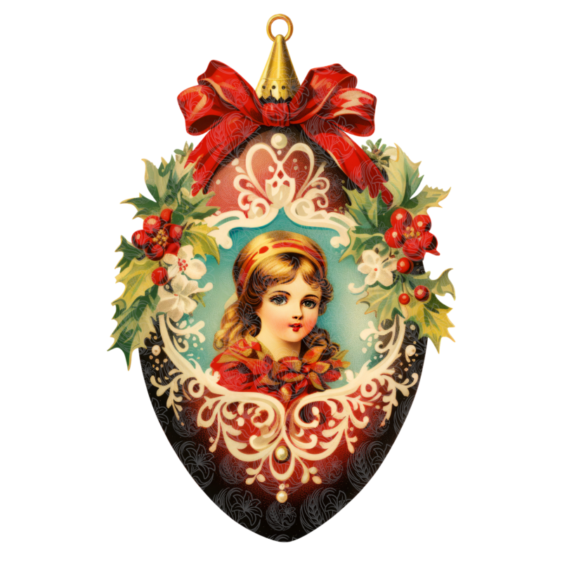 Vintage Christmas ornament featuring Victorian girl portrait wreath holly berries red bow Grey Barn Handwerk Saskatchewan